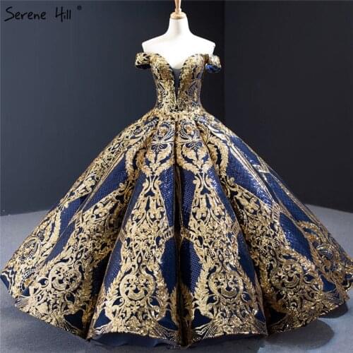 Blue Gold Sequined Off Shoulder Wedding Dresses 2020 Luxury Sleeveless Sexy Lace Up Bridal Gowns Serene Hill HM67026