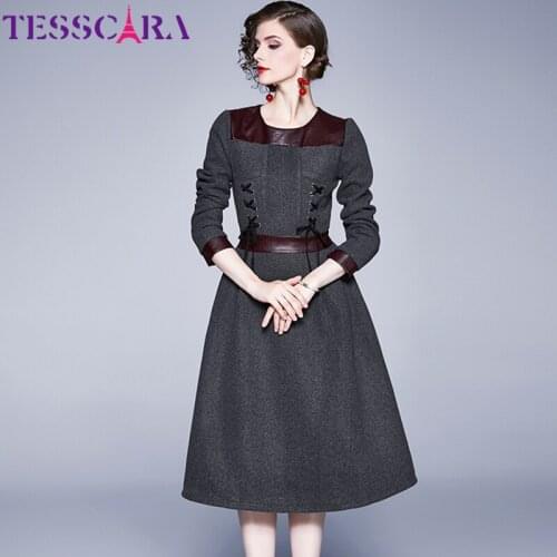 TESSCARA Women Winter Vintage Wool Blend Dress Female Designer Leather Patchwork Party Robe High Quality Office Warm Vestidos