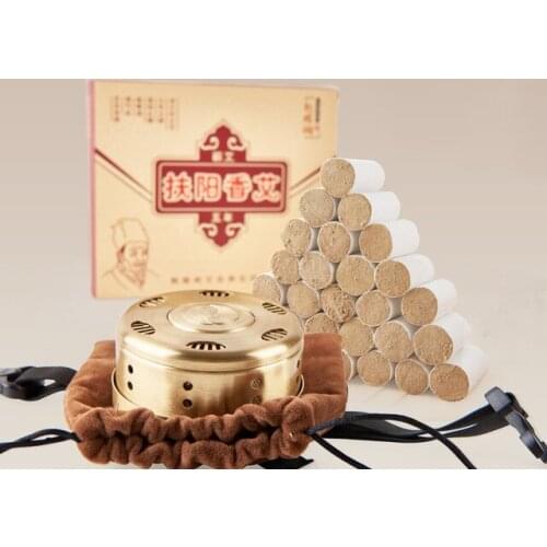 Thick copper moxibustion box portable Thermostat moxa box smokeless 35:1 handmade pure moxa rollers 56pcs free shipping