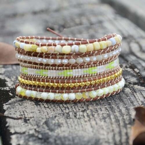 Japanese Miyuki Seed Beads Bracelet Lime Stone Leather Bracelet Bohemia Braided Wrap Bracelet Boho Fabric Bracelet Dropship
