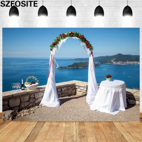 Wedding Photography Background Seaside Flower Arch Champagne Proposal Party Decoration Backdrop Studio Props Custom Vinyl Banner