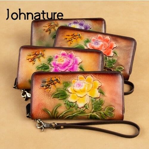 Johnature Retro Zipper Women Hand Wallet 2020 New Genuine Leather Hand Painted Long Phone Purse Cowhide Large Clutch Wallets