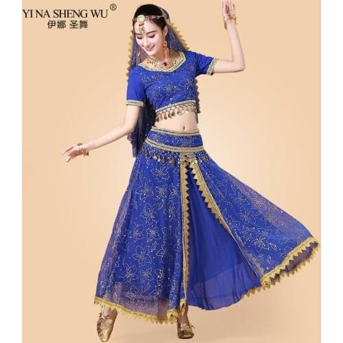 Bollywood Belly Dance Costume Set Indian Dance Sari 5pcs (Headpieces Veil Top Belt Skirt) Chiffon Belly dance Skirt Suit Women