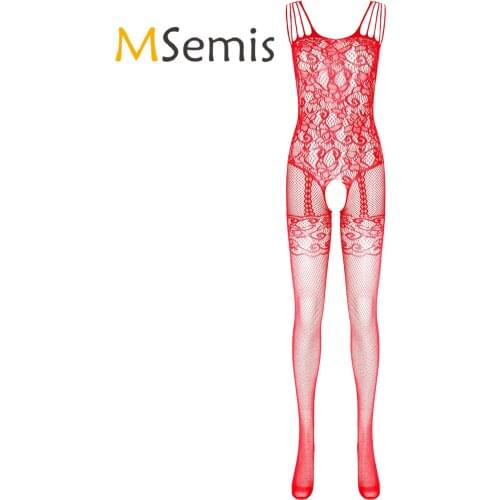 Womens Floral Pattern Crotchless Bodysuit See-through Hollow Out Fishnet Bodystocking Tights Nightwear Sleeveless Leotard