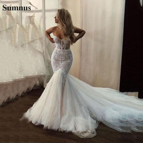 Sumnus Tull Mermaid Wedding Dresses 2021 Sexy Sweetheart Strapless Lace Appliques Vintage Bridal Gowns Plus Szie