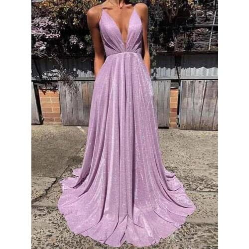 Satsweety Backless Prom Dresses Spaghetti Straps A line Sparkly Lilac Fashion Evening Dress Plus Size Party Gown