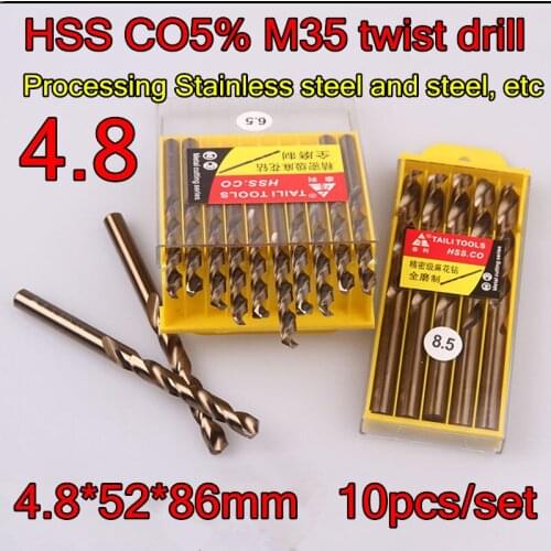 4.8*52*86mm 10pcs/set HSS CO5% M35 Containing cobalt twist drill Processing Stainless steel and steel, etc Free shipping