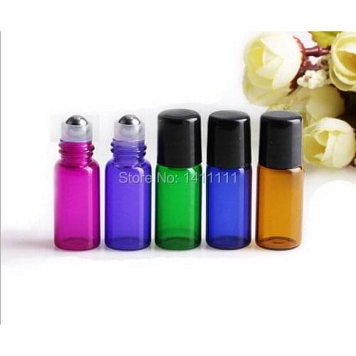 500pcs/lot Green Purple blue 3ML Glass Roll on Bottle with Stainless Steel Roller Small Essential Oil Roller-on Sample Bottle