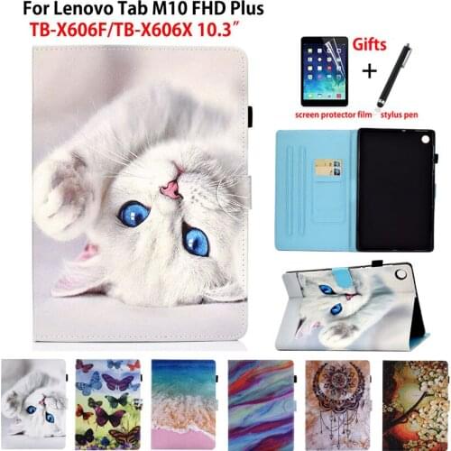 Cute Cat Case For Lenovo Tab M10 FHD Plus 10.3 Cover Funda TB-X606F TB-X606X Silicone PU Leather Stand Shell Capa Coque +Gift
