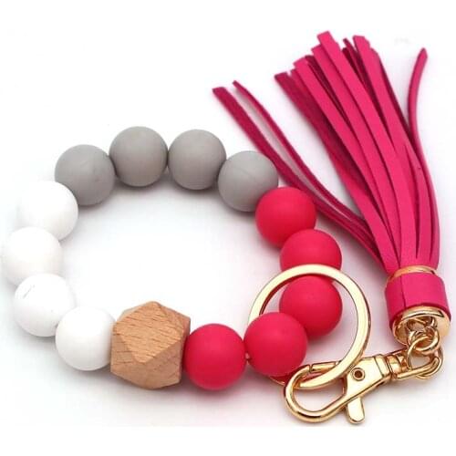 D&D Colorful Wood Beads Keychain Bracelet Tassel Wristlet Bracelet Pendant Keyring For Women Round Wood Beads Keychain Charms