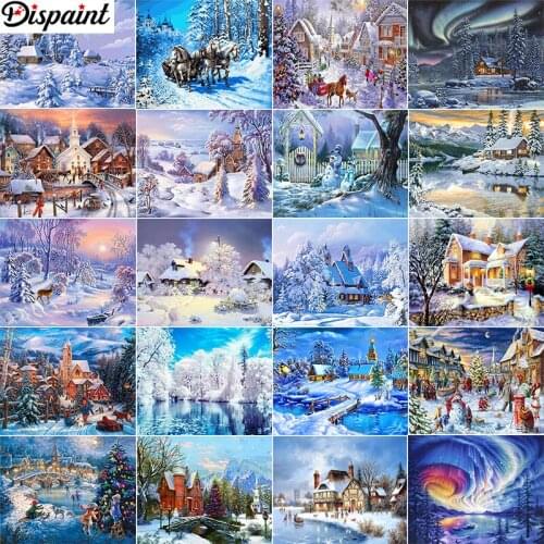 Dispaint Full Drill Diamond Painting "House snow east view" DIY Picture Of Rhinestone 5D Diamond Embroidery Cross Stitch Decor