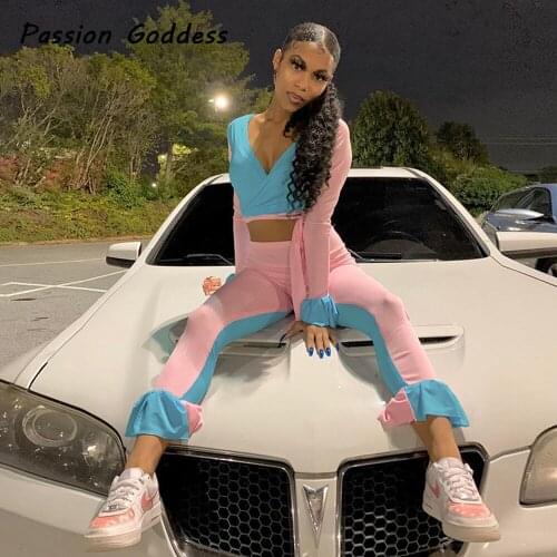 2 Piece Blue Pink Patchwork Set Sweet Women Cute Bow Bandage Ruffles Sleeve Cropped Tops Ruffles Legging Pants Two Piece Outfits