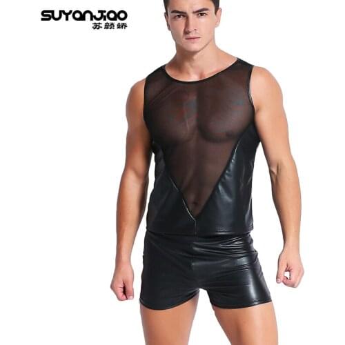 Black Sexy Mens Transparent Sleeveless Tank Tops Shirt+Shorts Sets Faux Leather V Shape Mesh Short Pants Night Clubwear Overalls