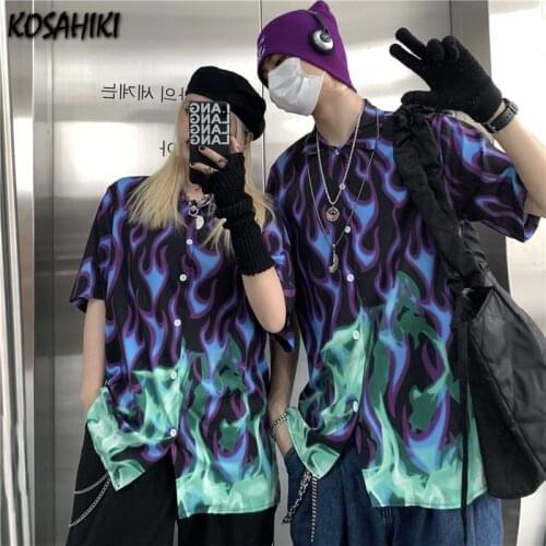 KOSAHIKI Women Men Blouses Flame Print Gothic Shirt Harajuku Tops Short Sleeve Shirts Female Streetwear Unisex Contrast Blouses