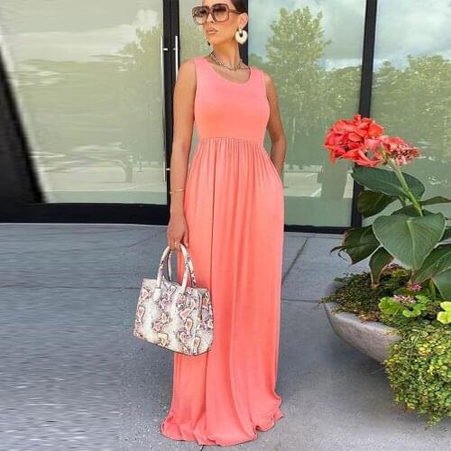 Summer Solid High Waist Pleated Bohemian Dress Woman Sexy Scoop Neck Sleeveless Vacation Dress Elegant Fit and Flare Vestidos