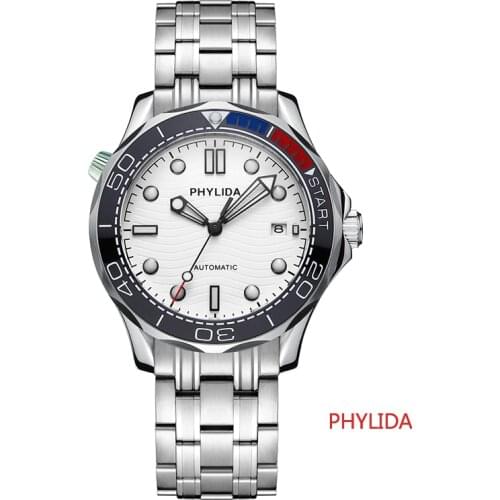 PHYLIDA 10bar Waterproof Resistant White Dial Automatic Business Otomatone Mens Watch Diver Sapphire Style Solid Crystal