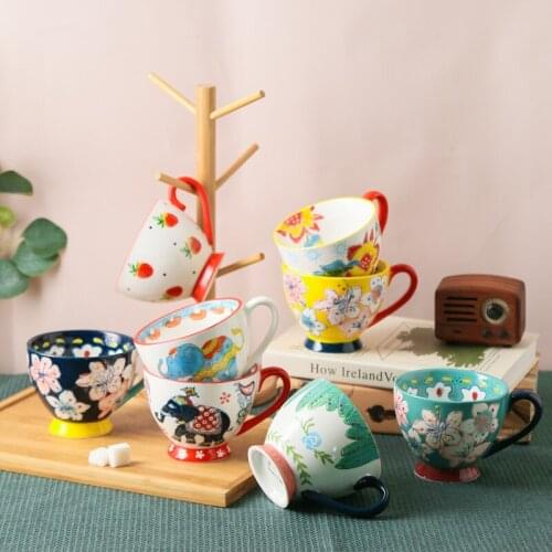 Ceramic Coffee Cup Set Creative Hand-painted Breakfast Teacup Large Capacity 450ml Home Cute Milk Coffee Mug Kitchen Drinkware