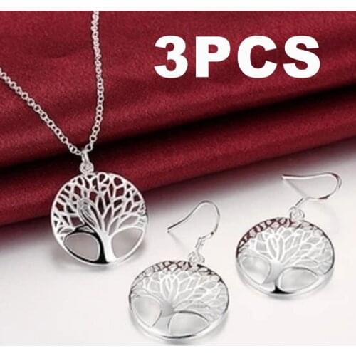 Silver Plated Women Hollow Out Tree of Life Pattern Round Earring Necklace Jewelry Set Moda Mujer Punk Jewelry Fashion Pendiente