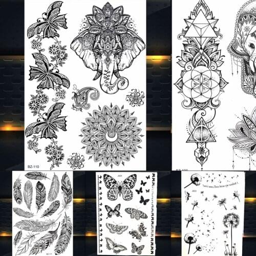 REJASKI Ganesha Elephant Geometric Black Henna Temporary Tattoos For Women Sticker Custom Tattoo Lace Mehndi Fake Tatoos Art
