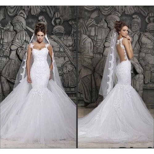 Custom Made 2020 Beautiful Court Train Illusion Transparent Back Beaded Lace Mermaid Spring Wedding Dresses Bridal Gown