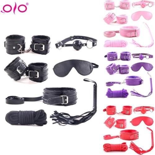 OLO 7-piece Exotic Sex Products For Adults Games Leather Bondage BDSM Kits Handcuffs Sex Toys Whip Gag Tail Plug Sex Accessories