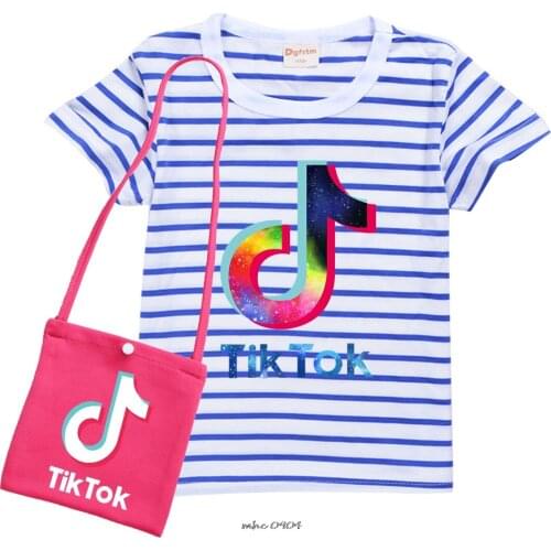 Tik Tok Summer Striped T Shirt + Bag Set Kids Girls Cute Print Cotton Sleepwear Baby Children Home Sleep Wear Clothes