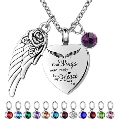 Heart Urn Necklace for Ashes with Birthstones Cremation Jewelry for Ashes Pet Lover -Your Wings Were Ready My Heart Was Not