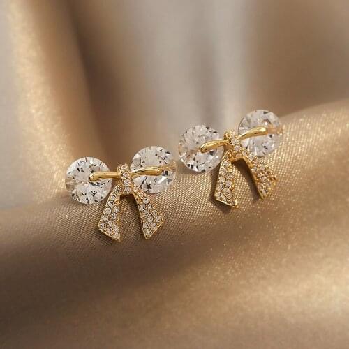 VSnow Bling Bling Bow-knot Gold Color Metallic Stud Earring for Women Temperament Rhinestone Holiday Earring Jewelry Accessories
