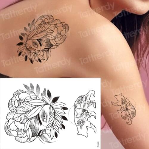 Women Big Black Sketch Flower Tattoo Transferable Body Art Tatoos Neck Arms Sleeve back breast Rose Temporary Tattoo Sticker