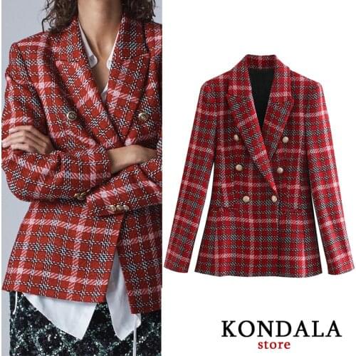 KONDALA Women Plaid Blazer Za Office Lady Double Breasted V-Neck Blazer Long Sleeve Jackets Sacos De Mujer De Vestir Abrigo