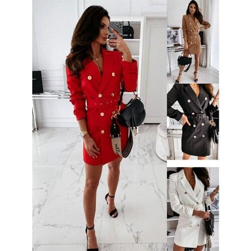 2021 Autumn Winter Fashion Hot Style Long Sleeve Lapel Belt Solid Color Double Breasted Suit Long Dress Jacket Women