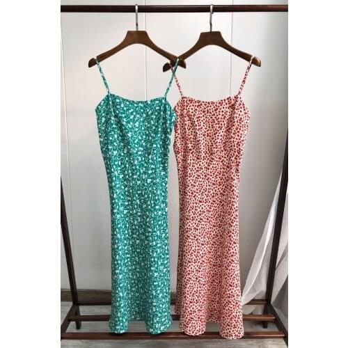 100% Silk Women Flower Print Sleeveless Dress Spaghetti Strap Fresh Long Dress