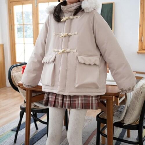 Winter Coat Women Loose Jackets Japanese Style Fashion Sweet Jacket Casual Hooded Fur Collar Warm Coats Y506