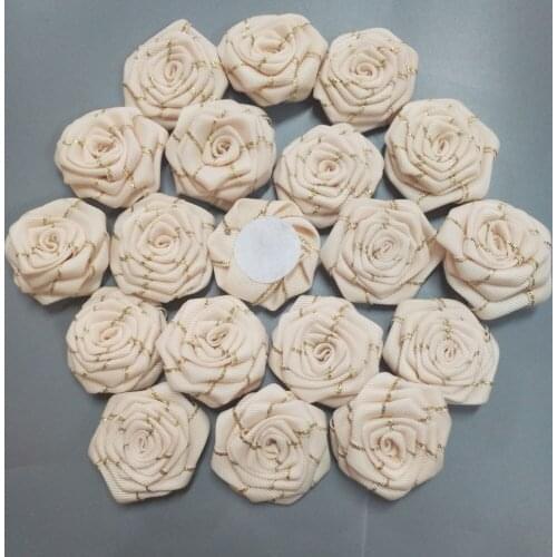 10Pieces/Lot Beige 4.5CM Polyester Ribbon Rose Flower Golden Silk Flat Flowers Handmade DIY Bouquet Girl Hair Cloth Accessories