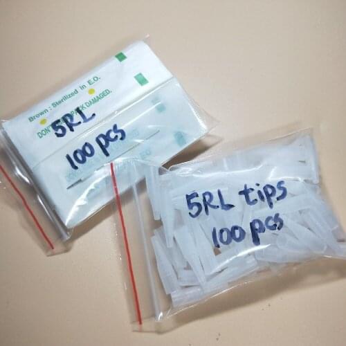 100pcs 0.35x50mm 5RL Needles and 100pcs 5RL Needle Tips For Professional Permanent Makeup Traditonal Tattoo Machine