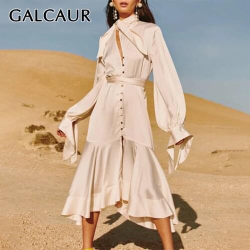 GALCAUR Asymmetrical Lace Up Dresses Female Stand Collar Flare Sleeve High Waist Hollow Out Midi Dress Womens 2020 Fashion Tide