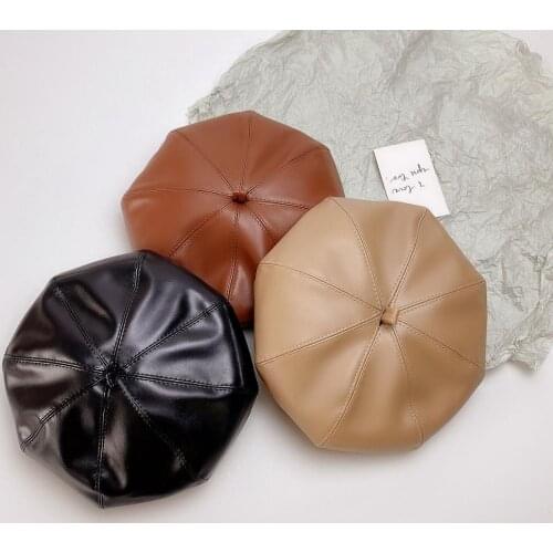 Children Leather Beret Hat Pure Color Flat Roof Lmitation Leather Wild Beret Peaked Cap Hat Newsboy Pu Retro Casual Beret