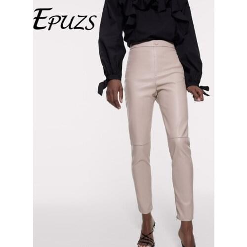 ZA PU leather Womens Pants Trousers Elastic Waist sexy Skinny PU Pants Female casual office lady Pants slim Sweatpants 2021