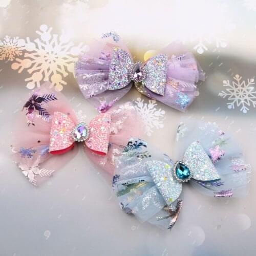 Crystal Rhinestone Waterdrop Decroated Glitter Chiffon Ribbon Knot Bow Hairpins Girls Hair Jewelry Patch Sticker Clips 6pcs/Lot