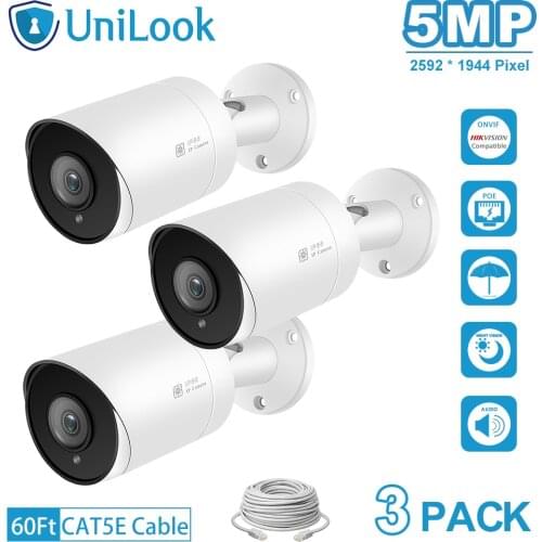 UnilLook 5MP Bullet IP Camera 3PCS Onvif POE Built-in Microphone SD Card Slot IR 30m Security Camera Outdoor IP 66 H.265 ONVIF