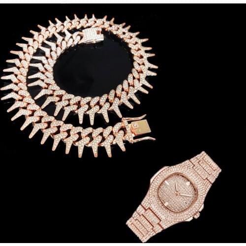 25MM 2pcs Kit Hip Hop Heavy Iced Out Cuban Thorns Link Full AAA Crystal Pave Necklace +Watch+Bracelet for Men Jewelry