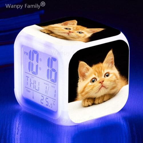 Very cute Pet Cat alarm clock 7 color glowing Large screen multifunction LED digital alarm clock for kids gift