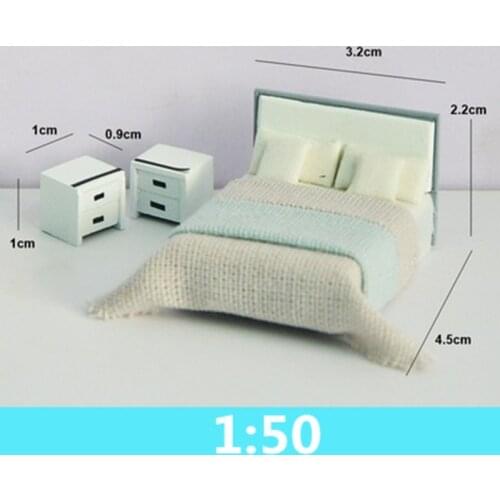 1/50 Model Bed and Nightstand Model Set Miniature Home Model DIY Handmade Craft Toy