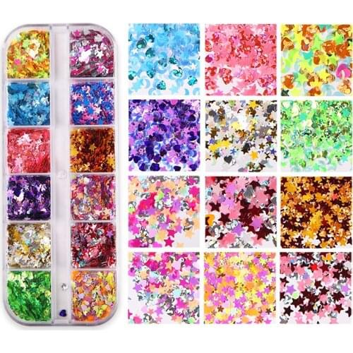12grid/box Nail Sequin Star Moon Mixed Nail Flakes Sticker 3D DIY Nail Sliders Nail Art Decoration Set