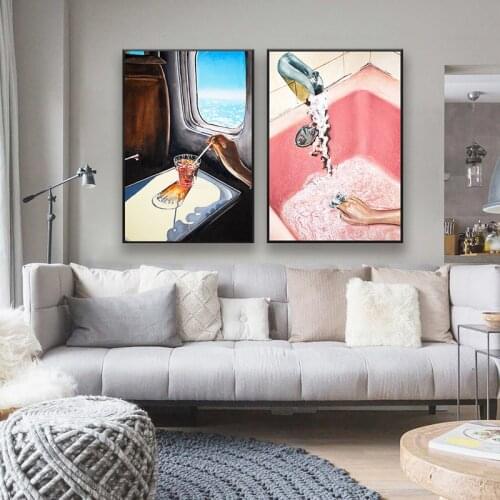 Glass in Airplane Art Print Retro Mid Century Mad Men Painting Poster Vintage Pink Bathroom Wall Picture for Living room Decpr