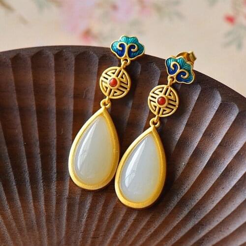 VENTFILLE 925 Sterling Silver Hetian Jade Girl 2021 New Trendy Cheongsam Design Earrings