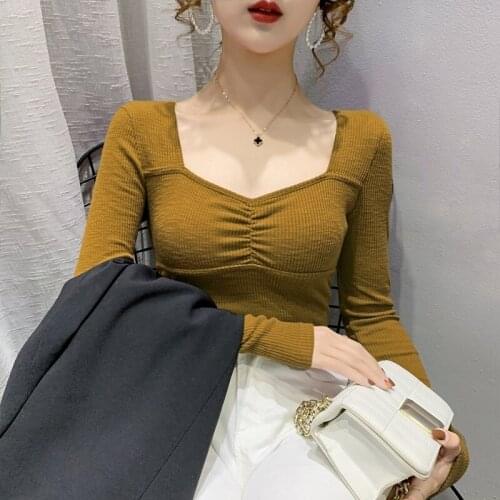 2021 New Autumn Winter Sexy Square Neck Shirt Cotton Long-sleeved T-Shirt Womens Bottoming Shirt Female All-Match Slim Tops