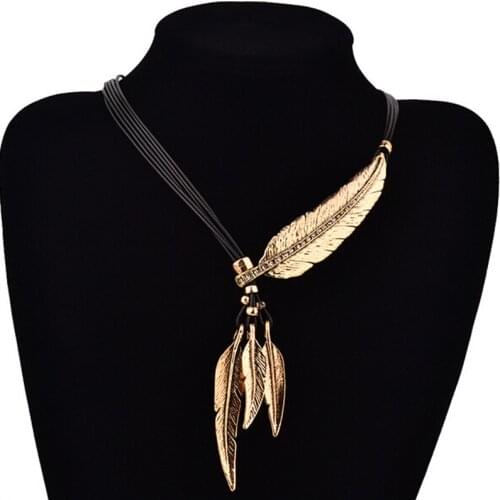 FSUNION New 2019 Hot Sale Fashion Bohemian Style Bronze Rope Chain Feather Pattern Pendant Necklace Gifts For Women
