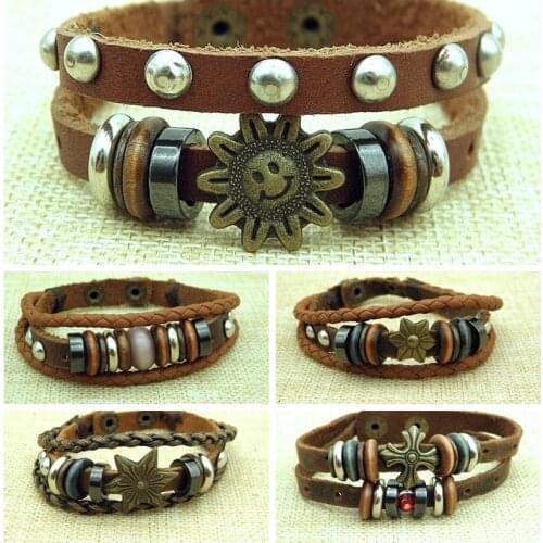 New Stylish Vintage Genuine Leather Wrap Bracelets Womens Mens Handmade Trendy Leather Wristband Cuff Bracelet Jewelry Gifts