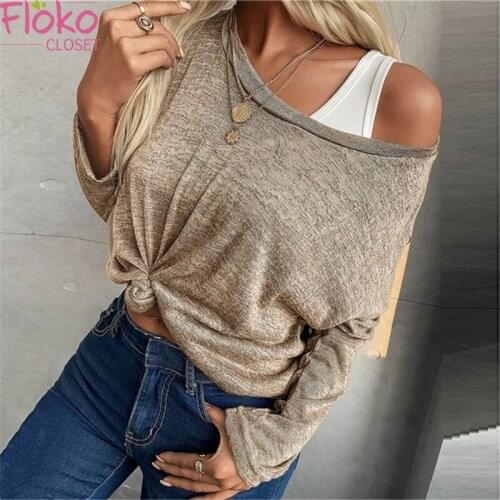 Flokocloset Solid Color Knitted Long Sleeve Loose Casual T-shirt Autumn Spring Streetwear Women Tops